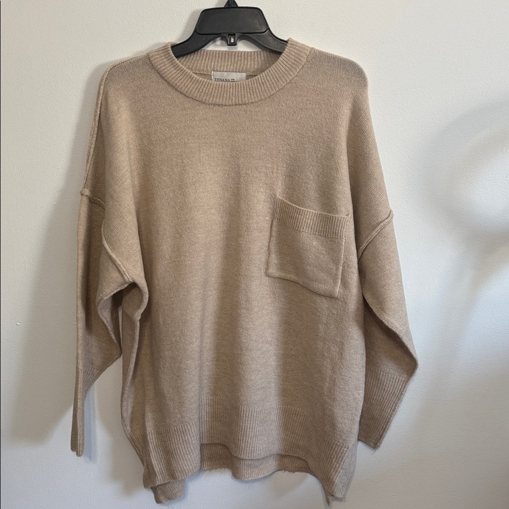 Zenana Oversized Sweater with Pocket Melange Hi Lo Sweater
BEIGE- S/M Oatmeal